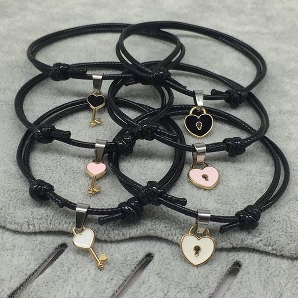 charm bracelets 2 pcs/lot couple bracelet alloy key heart lock handmade jewelry rope lovers gifts for women, Golden;silver