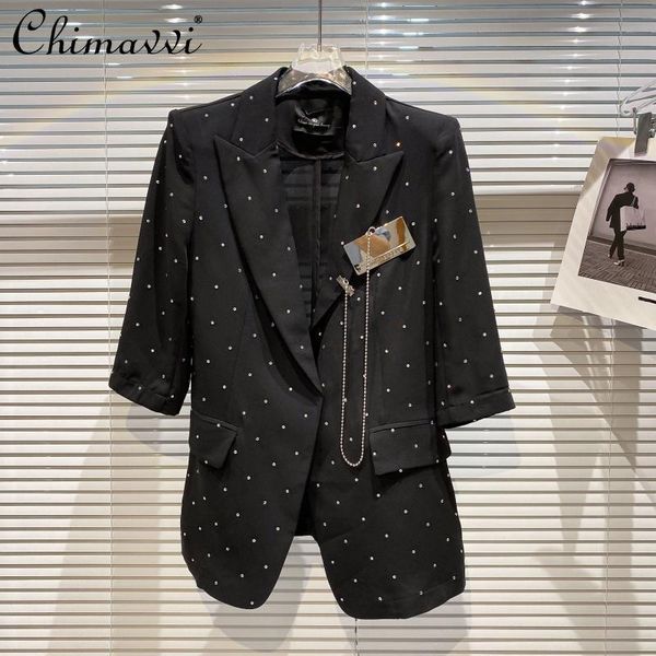 women's suits & blazers high street fashion elegant notched starry rhinestone chain black suit coat iron mid-sleeves all-match blazer, White;black
women's suits & blazers high street fashion elegant notched starry rhinestone chain black suit coat iron mid-sleeves all-match blazer, White;black