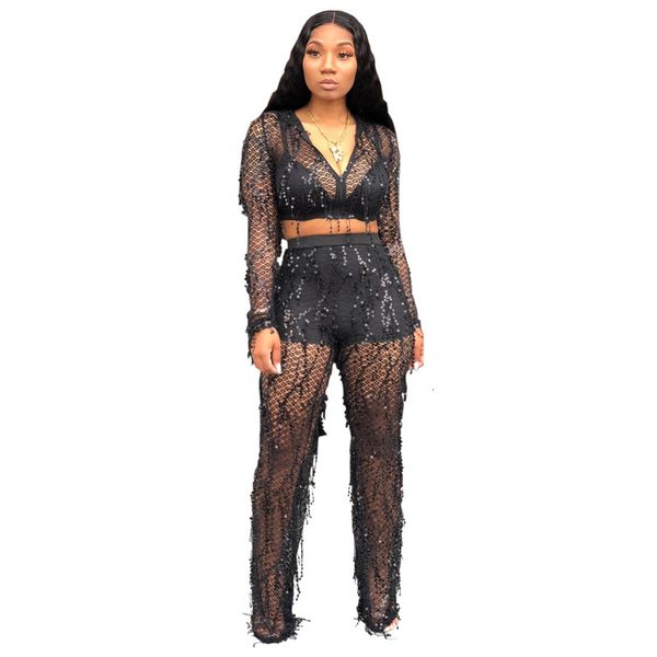 arrivals sequins tassel two-piece outfits for nightclub party see through mesh hooded long sleeves tees and straight pants sexy, Gray
arrivals sequins tassel two-piece outfits for nightclub party see through mesh hooded long sleeves tees and straight pants sexy, Gray