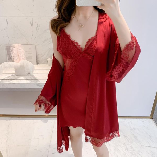 women's sleepwear 2pcs robe set with lace women nightgown satin kimono bathrobe gown soft intimate lingerie nightdress home clothes, Black;red
women's sleepwear 2pcs robe set with lace women nightgown satin kimono bathrobe gown soft intimate lingerie nightdress home clothes, Black;red