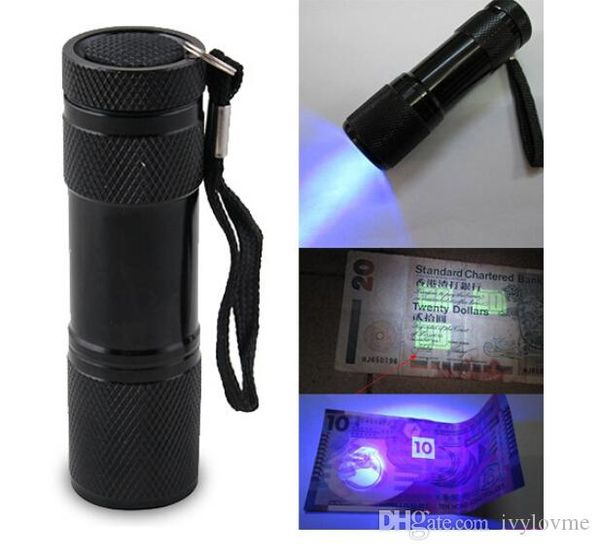 

9led flashlight aluminium uv ultra violet purple light 9 led flashlight torch light 500pcs dhl shipping