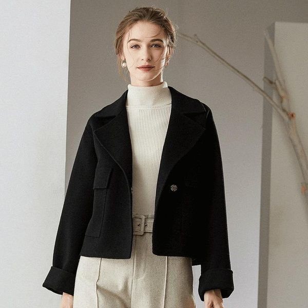 women's wool & blends autumn and winter 2021 double faced cashmere overcoat short lapel korean thin jacket, Black
women's wool & blends autumn and winter 2021 double faced cashmere overcoat short lapel korean thin jacket, Black