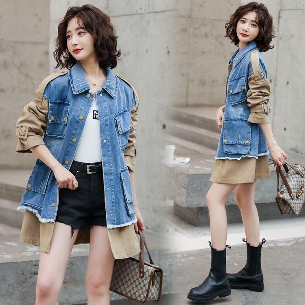 version of tooling windbreaker medium length foreign style college splicing denim coat women's spring autumn 2021 trench coats, Tan;black
version of tooling windbreaker medium length foreign style college splicing denim coat women's spring autumn 2021 trench coats, Tan;black