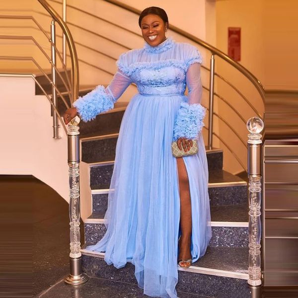 long tulle evening dresees high neck full sleeves prom party gowns slit lace appliques special occasion robes, Black;red
long tulle evening dresees high neck full sleeves prom party gowns slit lace appliques special occasion robes, Black;red