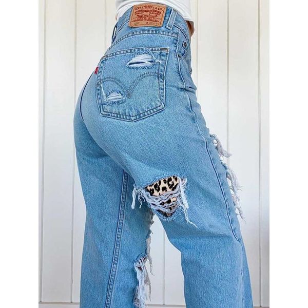 mid waist street wear boyfriend women's jeans ripped leopard print slimming cargo hole pants 2021 fashion casual denim trousers, Blue 
mid waist street wear boyfriend women's jeans ripped leopard print slimming cargo hole pants 2021 fashion casual denim trousers, Blue