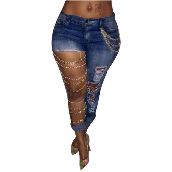 women's jeans solid slim denim ripped chain big hole trousers pencil pants jean women streetwear pantalones de mujer, Blue
women's jeans solid slim denim ripped chain big hole trousers pencil pants jean women streetwear pantalones de mujer, Blue