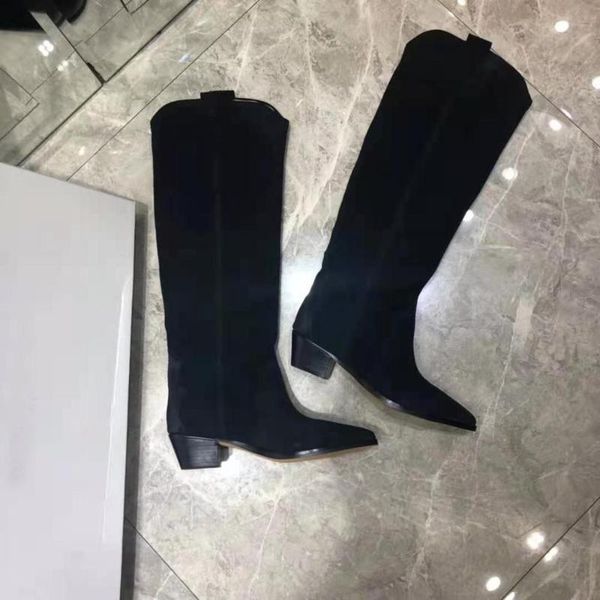 boots women's shoes paris denvee cuban heel curved edge black suede knee-high