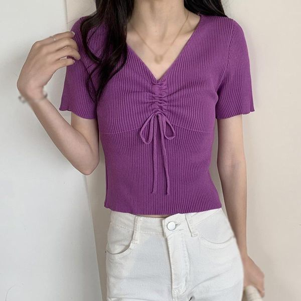 women's t-shirt korean solid v-neck summer fashion casual slim knitted short sleeve top, White
women's t-shirt korean solid v-neck summer fashion casual slim knitted short sleeve top, White