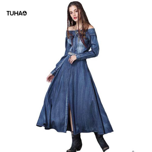 casual dresses tuhao slim high waist slash neck vintage maxi dress women front buttons off the shoulder denim with sashes t82050, Black;gray
casual dresses tuhao slim high waist slash neck vintage maxi dress women front buttons off the shoulder denim with sashes t82050, Black;gray