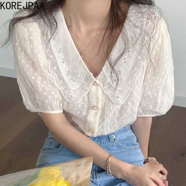 korejpaa women shirt summer korean chic gentle sweet temperament doll collar lace crocheted pearl loose puff sleeve blouses 210526, White
korejpaa women shirt summer korean chic gentle sweet temperament doll collar lace crocheted pearl loose puff sleeve blouses 210526, White