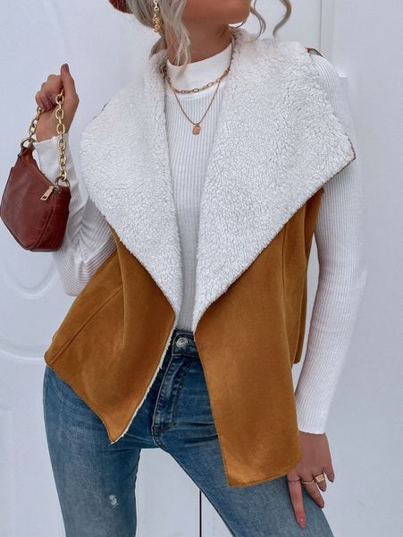 waterfall collar teddy lined suede jacket e6zl#, Black;brown