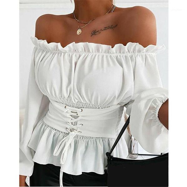 women's blouses & shirts fashion women off shoulder blouse ruffles lace up slash neck long sleeve slim fit sashes solid summer spr, White
women's blouses & shirts fashion women off shoulder blouse ruffles lace up slash neck long sleeve slim fit sashes solid summer spr, White