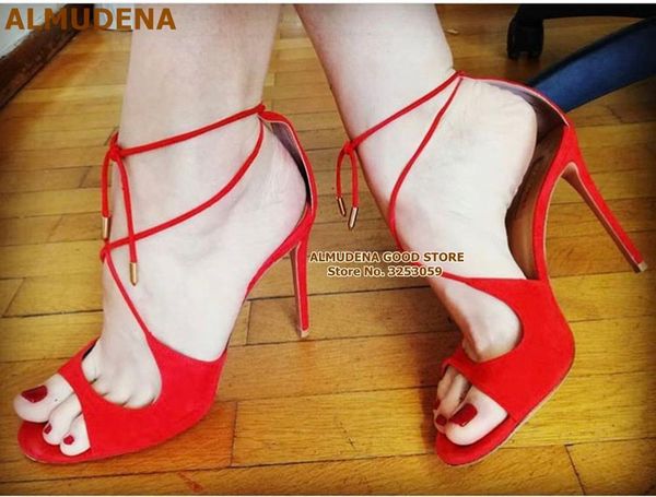 red suede cross strappy high heel sandals awesome stiletto thin heels open toe cross-tied wedding shoes dress pumps, Black
