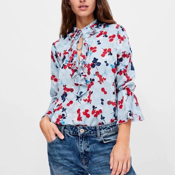 women's blouses & shirts casual floral blouse pullover flare sleeve ruffles lace up stand collar spring women, White
women's blouses & shirts casual floral blouse pullover flare sleeve ruffles lace up stand collar spring women, White