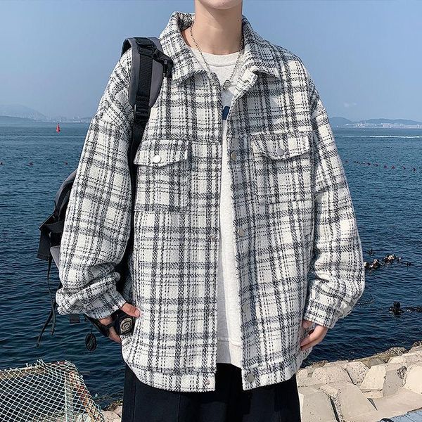 men's casual shirts spring autumn plaid korean jackets fashion loose streetwear pocket long-sleeved, White;black
men's casual shirts spring autumn plaid korean jackets fashion loose streetwear pocket long-sleeved, White;black