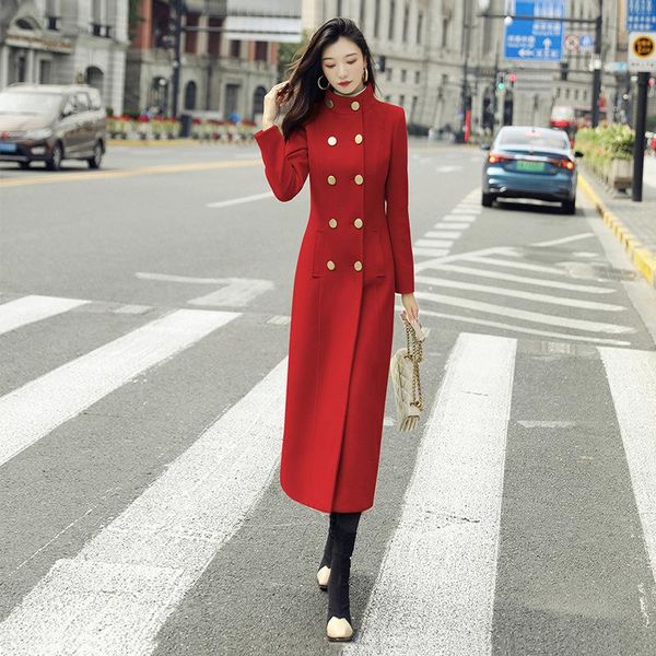 women's wool & blends autumn winter double breasted over the knee woolen coat stand-up collar waisted office lady long red outerwear y7, Black
women's wool & blends autumn winter double breasted over the knee woolen coat stand-up collar waisted office lady long red outerwear y7, Black