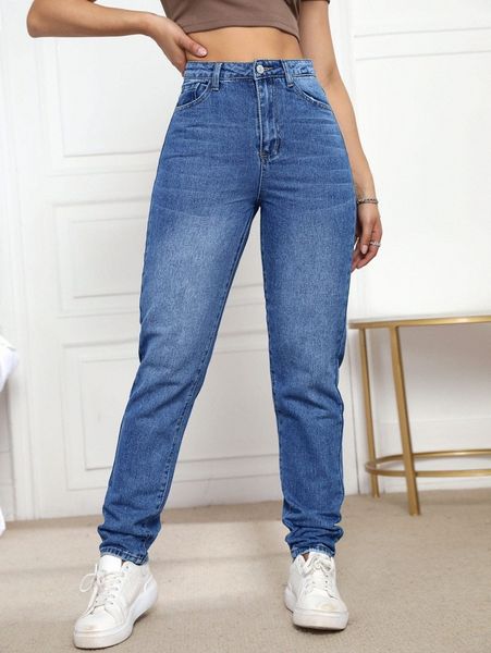 high waist mom fit jeans 89to#, Blue