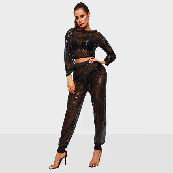 tracksuit women outfit sequins off shoulder cropped t shirt casual pants transparent loose steetwear black two piece sets women's, White
tracksuit women outfit sequins off shoulder cropped t shirt casual pants transparent loose steetwear black two piece sets women's, White