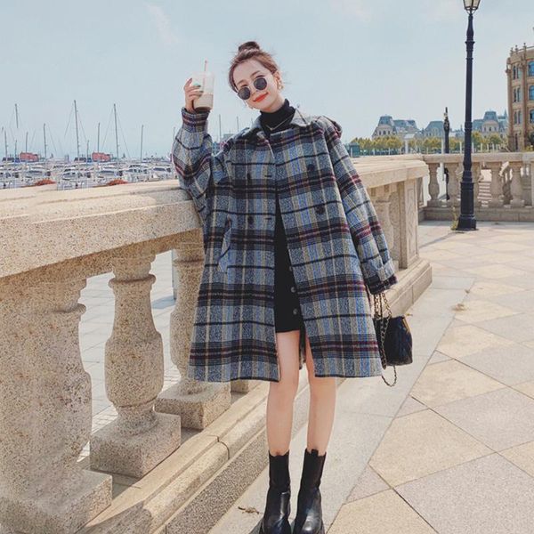women's wool & blends winter woolen coat korean plaid splicing personality long ladies cloak loose casual fashion quality lined jacket, Black
women's wool & blends winter woolen coat korean plaid splicing personality long ladies cloak loose casual fashion quality lined jacket, Black