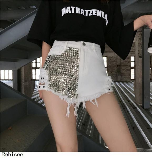 women's fashion brand vintage tassel rivet ripped high waisted short jeans punk woman denim shorts, White;black
women's fashion brand vintage tassel rivet ripped high waisted short jeans punk woman denim shorts, White;black