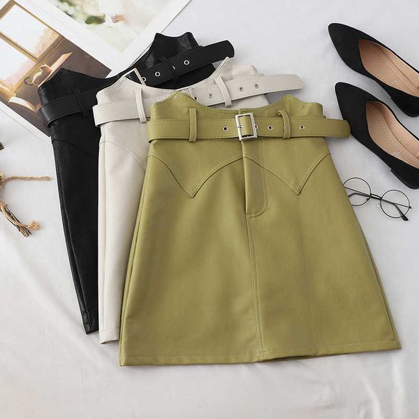 autumn black a-line pu leather skirt for women high waist office wear s female short with belt 210601
autumn black a-line pu leather skirt for women high waist office wear s female short with belt 210601