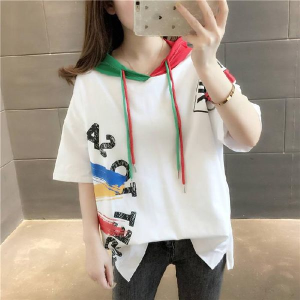 women's t-shirt large size women summer graffiti hooded half sleeve loose comfortable fashion color matching short sleeves, White
women's t-shirt large size women summer graffiti hooded half sleeve loose comfortable fashion color matching short sleeves, White