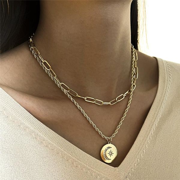 chokers vintage punk multi-layer twist rope choker clavicle chain necklaces fashion round moon sun pendant for women jewelry, Golden;silver
chokers vintage punk multi-layer twist rope choker clavicle chain necklaces fashion round moon sun pendant for women jewelry, Golden;silver