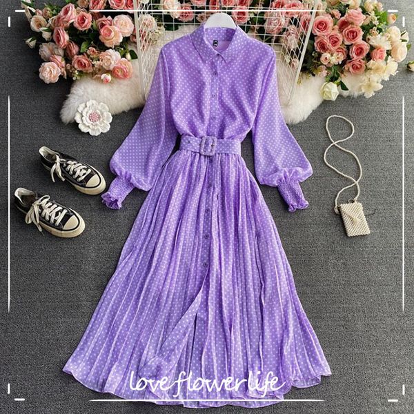women polka dot print shirt collar chiffon dress spring long sleeve vintage patrty vestidos with belt elegant long dress 210521, Black;gray
women polka dot print shirt collar chiffon dress spring long sleeve vintage patrty vestidos with belt elegant long dress 210521, Black;gray