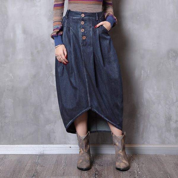 johnature autumn fashion retro solid color pockets button irregular denim half skirt leisure all-match women half skirt 210521, Black 
johnature autumn fashion retro solid color pockets button irregular denim half skirt leisure all-match women half skirt 210521, Black