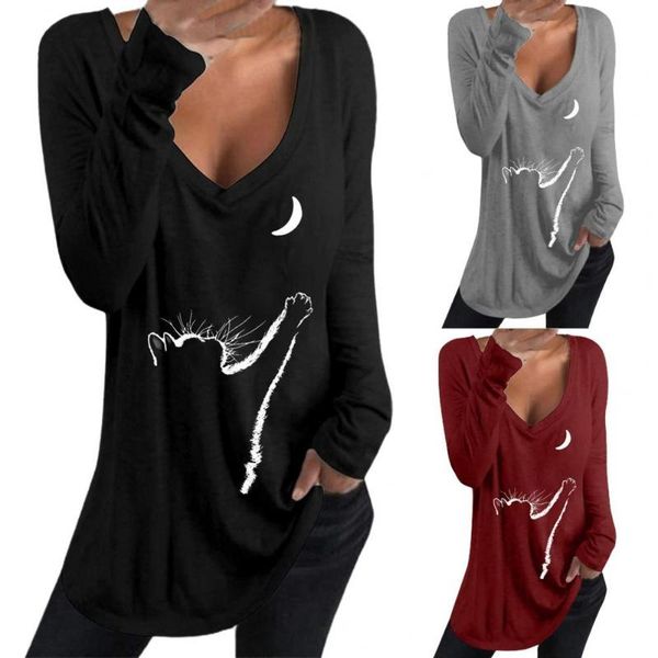 women's t-shirt blouse long sleeve cats moon print cotton blend fashion women deep v neck for spring, White
women's t-shirt blouse long sleeve cats moon print cotton blend fashion women deep v neck for spring, White