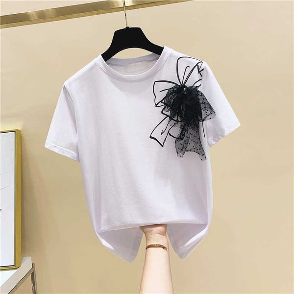 design short sleeve o neck t-shirt beaded mesh bow patchwork women 210615, White 
design short sleeve o neck t-shirt beaded mesh bow patchwork women 210615, White