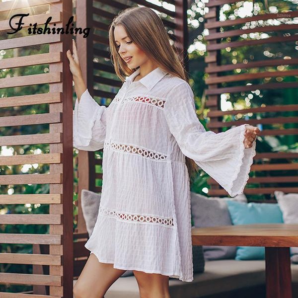 fitshinling hollow out lace splice boho shirt dress cover-up flare sleeve holiday white pareos slim short dresses women women's swimwea, White;black