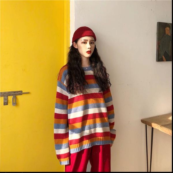 vintage rainbow women sweater contrast striped knit korean long sleeve loose pullover oversized woman man streetwear jumper harajuku, White;black
vintage rainbow women sweater contrast striped knit korean long sleeve loose pullover oversized woman man streetwear jumper harajuku, White;black