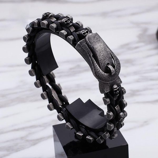 link, chain punk multiple skull heads charm bracelets for men leather &stainless steel brushed matte bike jewelry man, Black
link, chain punk multiple skull heads charm bracelets for men leather &stainless steel brushed matte bike jewelry man, Black