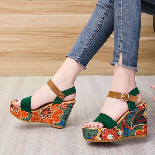 sandals 2021 summer fashion temperament wedge heels flower elements high, Black