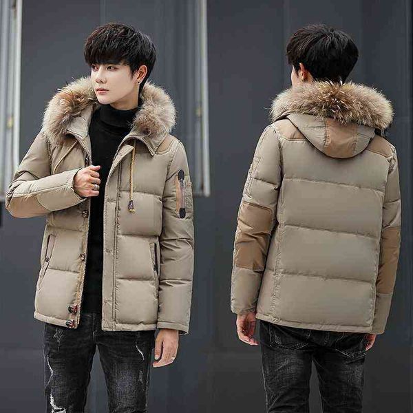 2021 men's winter down jacket short thick fur collar hooded white duck down youth down jacket y1103, Black
2021 men's winter down jacket short thick fur collar hooded white duck down youth down jacket y1103, Black