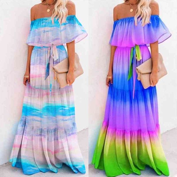 women off shoulder dress strapless high waist rainbow gradient color floral print large hem belt maxi dress, Black;gray
women off shoulder dress strapless high waist rainbow gradient color floral print large hem belt maxi dress, Black;gray