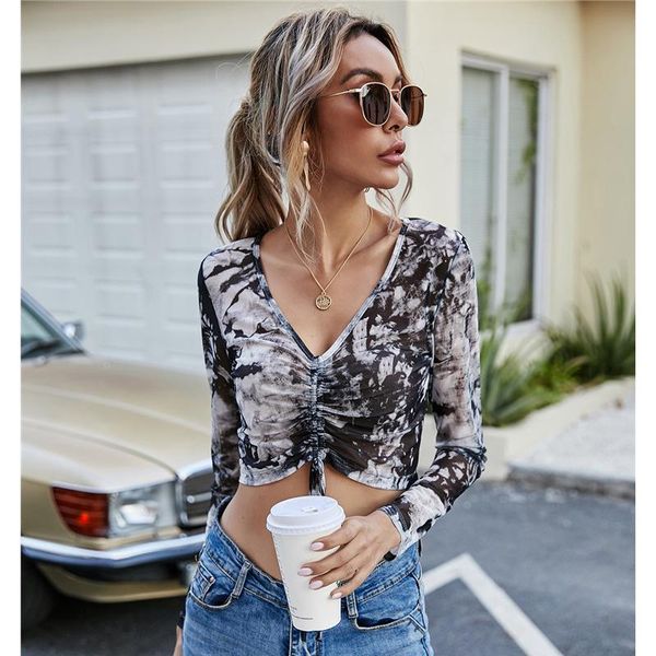 women's t-shirt frill tie dye print crop t shirt autumn drawstring women v neck long sleeve tee femme streetwear 8056#, White
women's t-shirt frill tie dye print crop t shirt autumn drawstring women v neck long sleeve tee femme streetwear 8056#, White