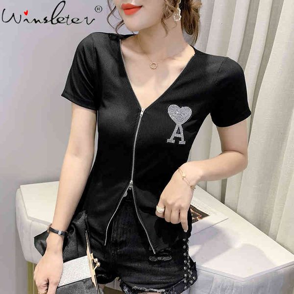 women's t-shirt summer european clothes cotton fashion v-neck zipper shiny diamonds love women short sleeve tees 2021 t1, White
women's t-shirt summer european clothes cotton fashion v-neck zipper shiny diamonds love women short sleeve tees 2021 t1, White