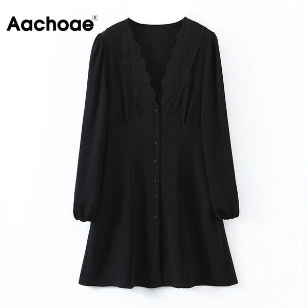 aachoae women mini black dress v neck lace patchwork a line lantern long sleeve party lady sundress vestidos casual dresses, Black;gray
aachoae women mini black dress v neck lace patchwork a line lantern long sleeve party lady sundress vestidos casual dresses, Black;gray