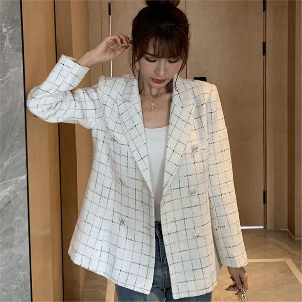 women's jackets double breasted plaid tweed women notched autumn winter coats korean loose white black office long sleeve vintage b614, Black;brown
women's jackets double breasted plaid tweed women notched autumn winter coats korean loose white black office long sleeve vintage b614, Black;brown