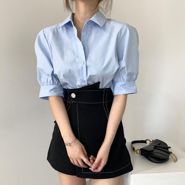 women's blouses & shirts 2021 summer korean fashion behind pleated design short blouse solid color lapel single-breasted sleeve casual, White
women's blouses & shirts 2021 summer korean fashion behind pleated design short blouse solid color lapel single-breasted sleeve casual, White