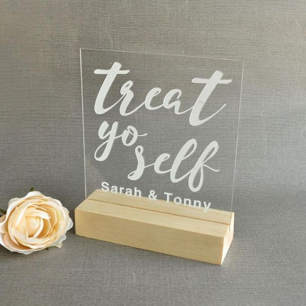 party decoration treat yo self favors,clearacrylic wedding sign with stand, for weddings or events,please take one
party decoration treat yo self favors,clearacrylic wedding sign with stand, for weddings or events,please take one