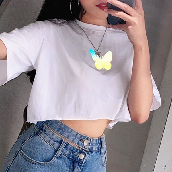 women reflective butterfly print tees patterns crop short sleeve printed navel t-shirts women's t-shirt, White
women reflective butterfly print tees patterns crop short sleeve printed navel t-shirts women's t-shirt, White