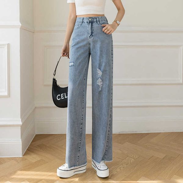 waist women's high and slim casual jeans with holes, Blue