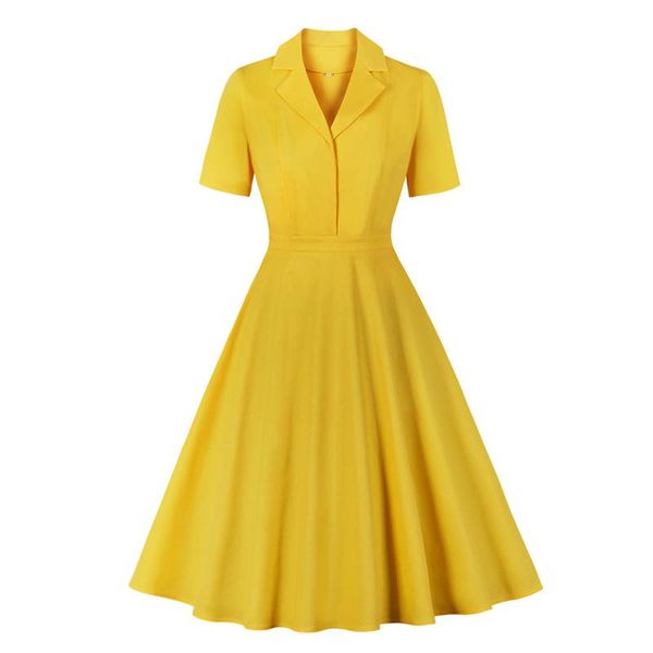 party dresses 2021 notched collar yellow vintage style women 50s retro cotton fabric summer short sleeve a line solid rockabilly dress, White;black
party dresses 2021 notched collar yellow vintage style women 50s retro cotton fabric summer short sleeve a line solid rockabilly dress, White;black