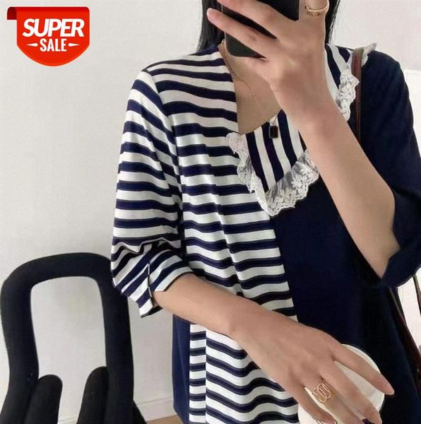 li zhiqi loose half collar stitching lace striped round neck three-quarter sleeve t-shirt female 110586 #nd0j, Black;gray