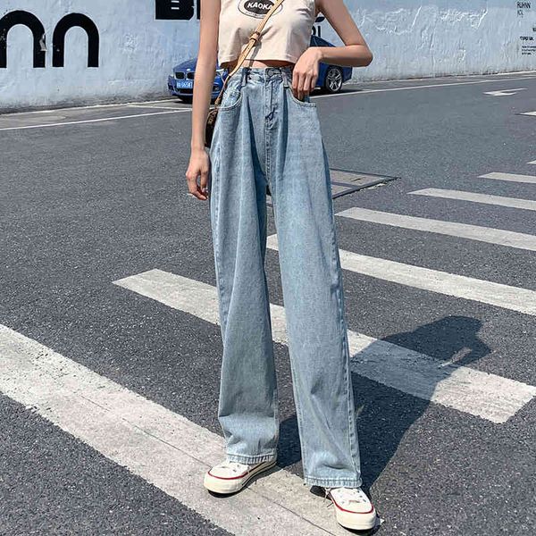 jeans women's high-waisted 2021 spring street style fashion brem harajuku leg loose brim pants, Blue