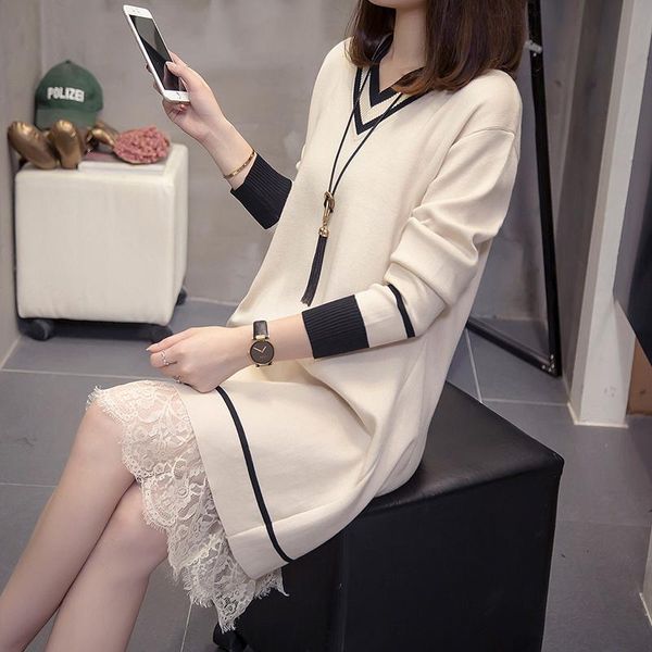 casual dresses plus size women knitted sweater dress spring autumn v neck long sleeve lace patchwork mid-length xl-4xl, Black;gray 
casual dresses plus size women knitted sweater dress spring autumn v neck long sleeve lace patchwork mid-length xl-4xl, Black;gray
