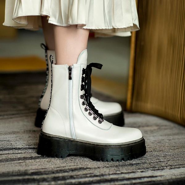 boots genuine cow leather thick heel women retro british style lace round toe short, Black 
boots genuine cow leather thick heel women retro british style lace round toe short, Black